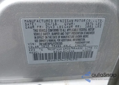 2018 Nissan Sentra S z USA, uszkodzony, nr VIN 3N1AB7AP6JY296395